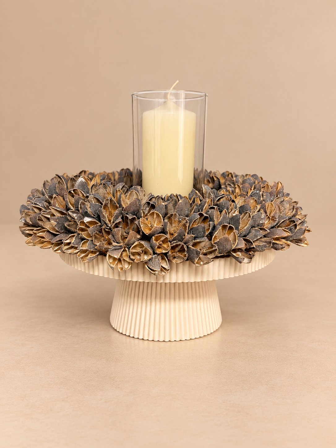 Kranz aus getrockneten Bakuli-Früchten mit Tablett, Glas & Kerze | 3D Druck